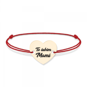Claudia - Bratara personalizata snur si inimioara" Te iubim Mami" din Aur 14 karate - 0,6 grame, 12x10 mm