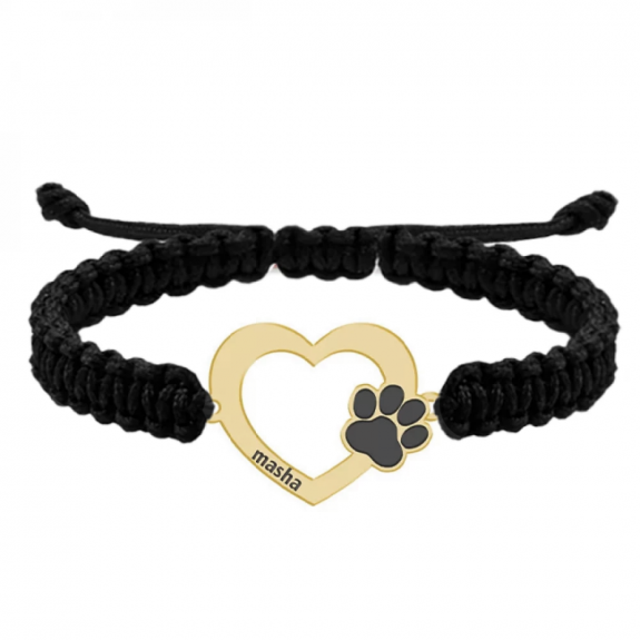 Paw Lover - Bratara personalizata snur impletit inimioara si labuta cu nume gravat din Aur 14 karate - 16x11mm
