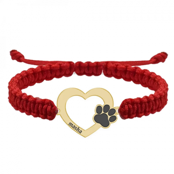 Paw Lover - Bratara personalizata snur impletit inimioara si labuta cu nume gravat din Aur 14 karate - 16x11mm