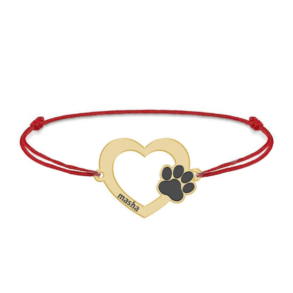 Paw Lover - Bratara personalizata snur cu inimioara si labuta din Aur 14 karate - 16x11mm