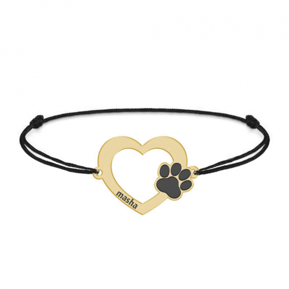 Paw Lover - Bratara personalizata snur cu inimioara si labuta din Aur 14 karate - 16x11mm