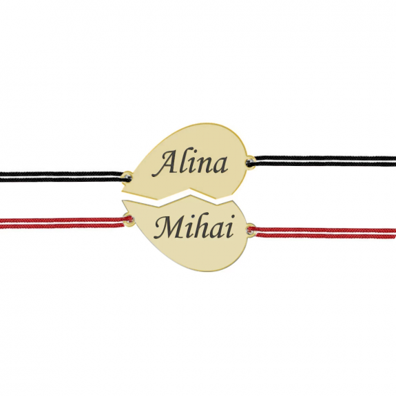 You and Me - Set bratari snur personalizate cu inimioara  din Aur 14 karate pentru cuplu cu nume - 16x8mm(jumatate de inimioara)