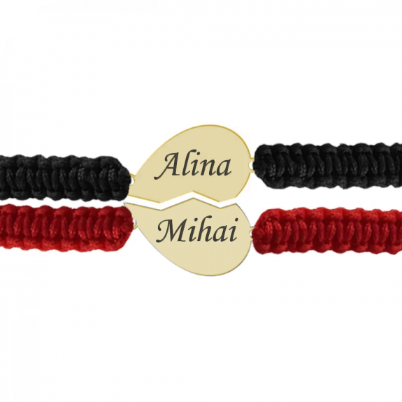 You and Me - Set bratari snur impletit personalizate cu inimioara din Aur 14 karate pentru cuplu cu nume - 16x8mm(jumtate de inimioara)