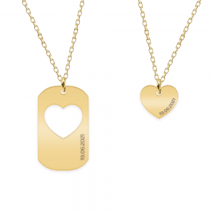 Aimer - Set coliere personalizate pentru cuplu cu dog tag si inima din argint 925 placat cu aur galben 24K