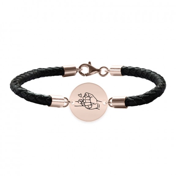 Alan - Bratara premium personalizata cu piele impletita si banut pentru tata din argint 925 placat cu aur roz