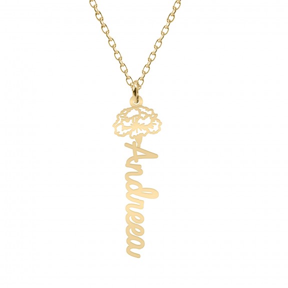 Birth - Colier personalizat cu nume si floarea lunii de nastere din argint 925 placat cu aur galben 24K