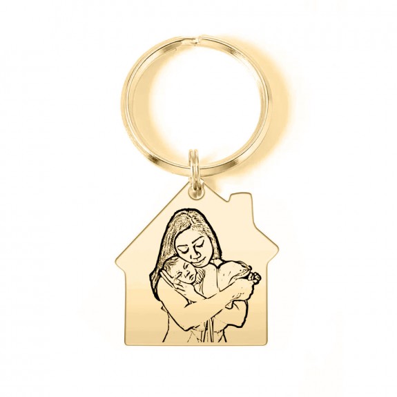 Me - Breloc personalizat casuta cu fotografie din argint si inel de inox placat cu aur galben 24 karate
