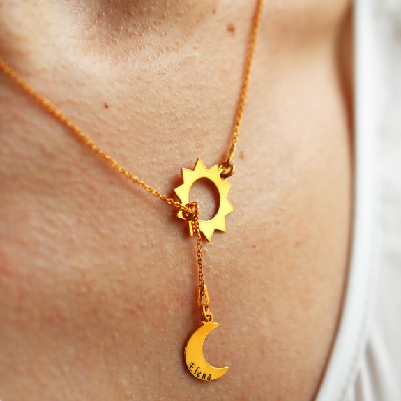 Bright - Colier personalizat din argint placat cu aur galben 24K - Soare si luna