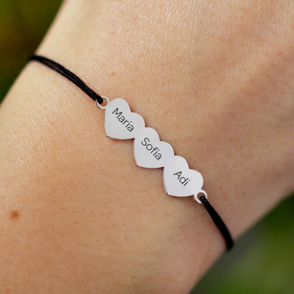 Cesur - Bratara personalizata snur trei inimi din argint 925 Cesur - Bratara personalizata snur trei inimi din argint 925