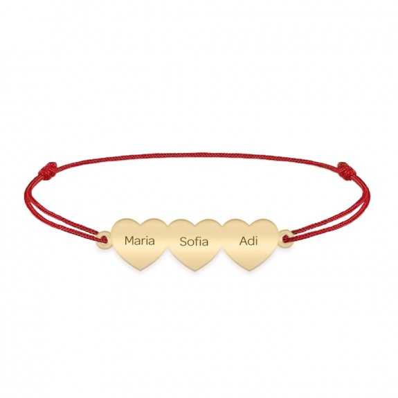 Cesur - Bratara personalizata snur trei inimi din Aur galben 14 karate Cesur - Bratara personalizata snur trei inimi din Aur galben 14 karate