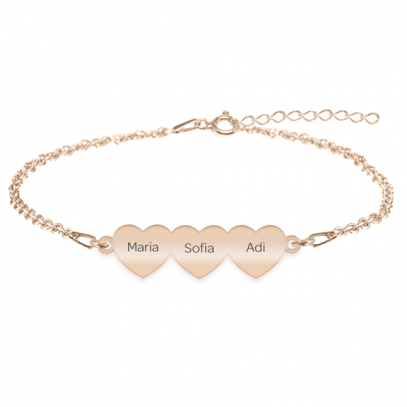Cesur - Bratara personalizata trei inimi din argint 925 placat cu aur roz Cesur - Bratara personalizata trei inimi din argint 925 placat cu aur roz