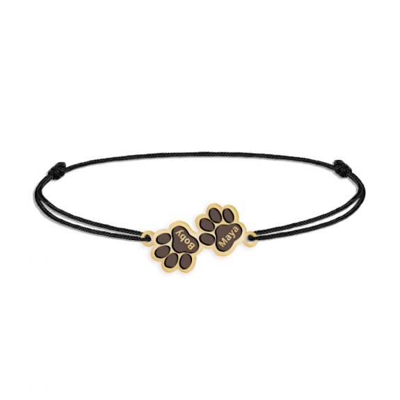 CesurPaw - Bratara personalizata snur cu labute animal de companie si nume din argint 925 placat cu aur galben 24 karate
