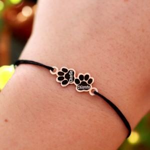 CesurPaw - Bratara personalizata snur cu labute animal de companie si nume din argint 925 placat cu aur roz