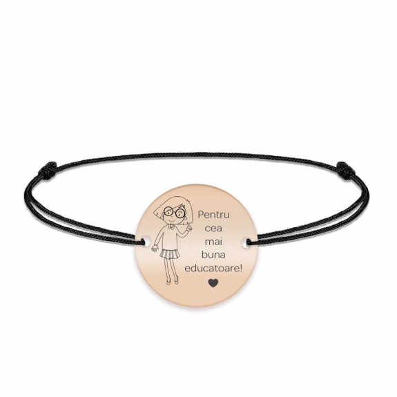 Charlotte - Bratara personalizata snur si banut din argint 925 placat cu aur roz pentru Educatoare Charlotte - Bratara personalizata snur si banut din argint 925 placat cu aur roz pentru Educatoare