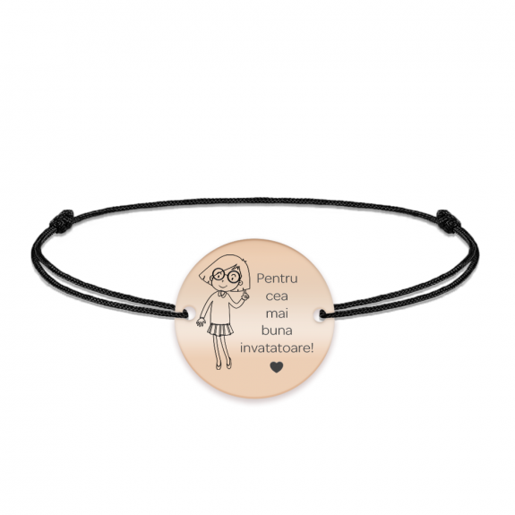 Charlotte - Bratara personalizata snur si banut din argint 925 placat cu aur roz pentru Invatatoare Charlotte - Bratara personalizata snur si banut din argint 925 placat cu aur roz pentru Invatatoare