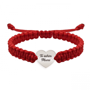 Claudia - Bratara personalizata snur impletit cu inimioara si text gravat din argint 925