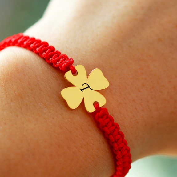 Clover - Bratara personalizata snur impletit trifoi si nume gravat din argint 925 placat cu aur roz