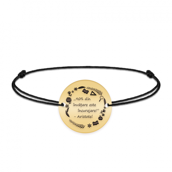 Courage - Bratara personalizata snur "90% din invatare este incurajare" din argint 925 placat cu aur galben 24K