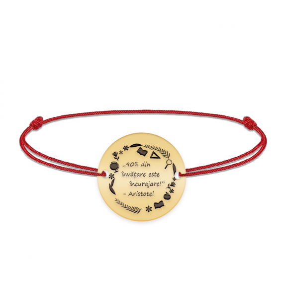 Courage - Bratara personalizata snur "90% din invatare este incurajare" din argint 925 placat cu aur galben 24K