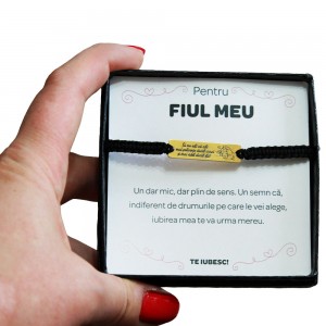 Pentru Fiu - Bratara Personalizata Alan cu snur impletit si tablita din Argint 925 placat cu aur galben 24 karate + Cutiuta cu mesaj personalizat pentru Fiu