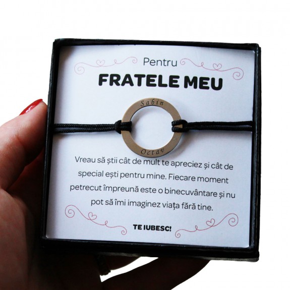 Pentru Frate - Bratara Personalizata Daire cu snur gros si banut decupat din Argint 925 + Cutiuta cu mesaj personalizat pentru Frate