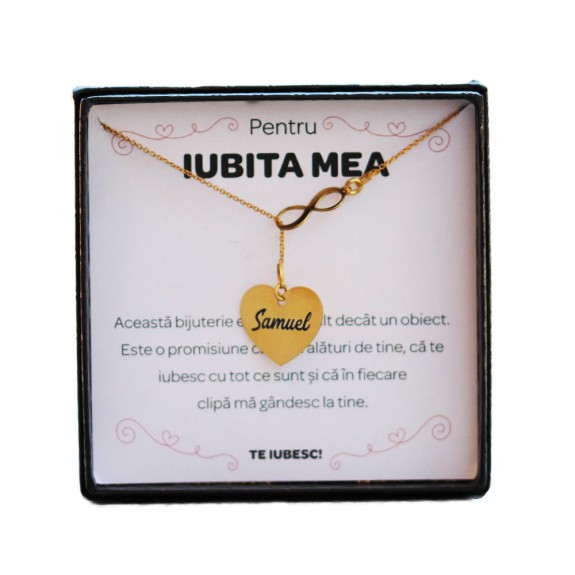 Pentru Iubita - Colier Personalizat Infinity Love cu Inimioara si infinit cu nume din Argint 925 placat cu aur galben 24 karate + Cutiuta cu mesaj personalizat pentru Iubita