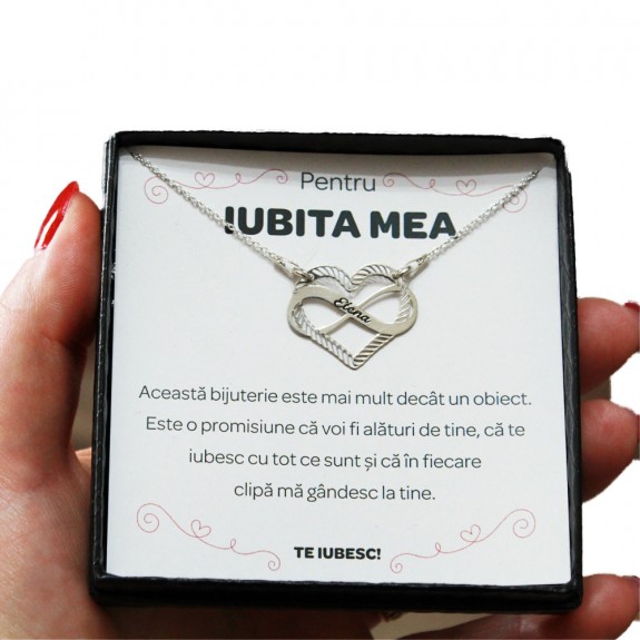 Pentru Iubita - Colier Personalizat Aimee cu Inimioara si infinit cu nume din Argint 925 + Cutiuta cu mesaj personalizat pentru Iubita