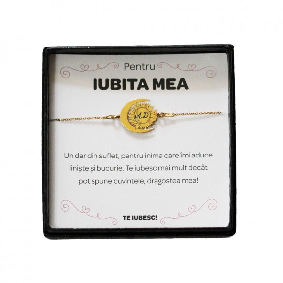 Pentru Iubita - Bratara Personalizata Ceres cu Soare si Luna din Argint 925 placat cu aur galben 24 karate + Cutiuta cu mesaj personalizat pentru Iubita
