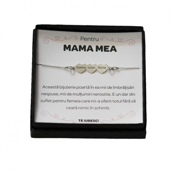Pentru Mama - Bratara Personalizata Cesur cu trei inimioare din Argint 925 + Cutiuta cu mesaj personalizat pentru Mama