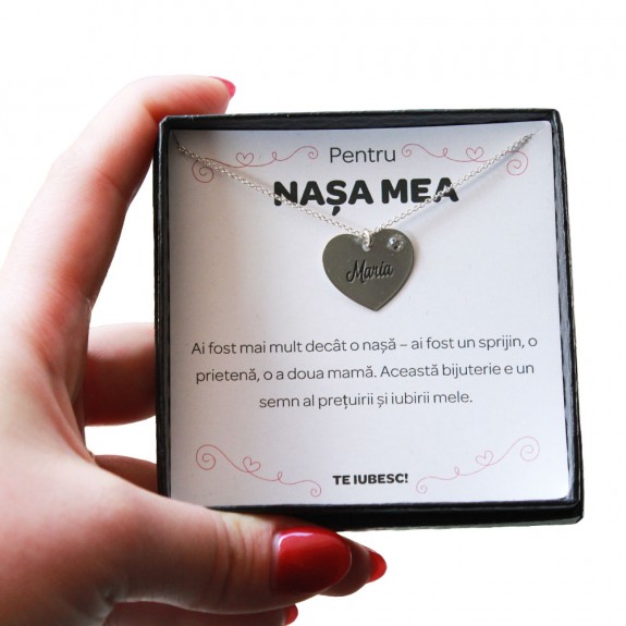 Pentru Nasa - Colier Personalizat Lolita cu Inimioara si nume din  Argint 925 + Cutiuta cu mesaj personalizat pentru Nasa