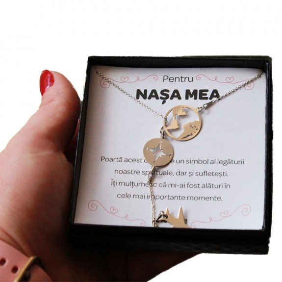 Pentru Nasa - Colier Personalizat Travel cu busola si avion din  Argint 925 + Cutiuta cu mesaj personalizat pentru Nasa