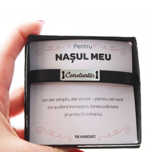 Pentru Nas - Bratara Personalizata Nomine cu piele si tablita cu nume din Argint 925 + Cutiuta cu mesaj personalizat pentru Nas