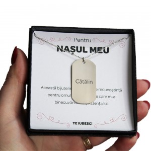 Pentru Nas - Colier Personalizat Freedom cu dog tag din Argint 925 + Cutiuta cu mesaj personalizat pentru Nas