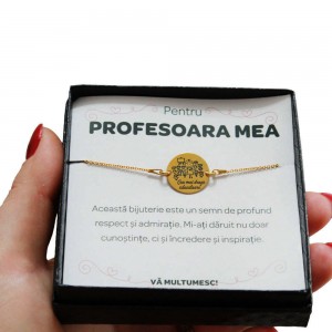 Pentru Profesoara - Bratara Personalizata Teacher pentru educatoare/invatatoare/profesoara cu banut din  Argint 925 placat cu aur galben 24 karate + Cutiuta cu mesaj personalizat pentru Profesoara