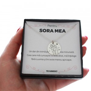 Pentru Sora - Colier Personalizat Sisters cu banut din  Argint 925 + Cutiuta cu mesaj personalizat pentru Sora