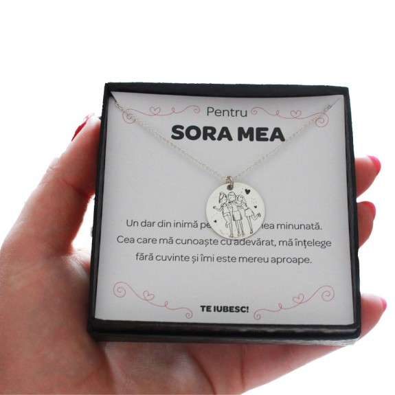 Pentru Sora - Colier Personalizat Sisters cu banut din  Argint 925 + Cutiuta cu mesaj personalizat pentru Sora