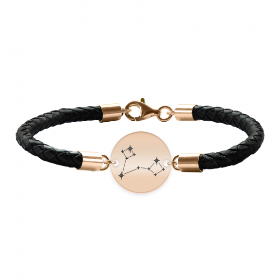 Bratara Premium din piele impletita si banut argint 925 placat cu aur Roz personalizat cu constelatii - Pesti