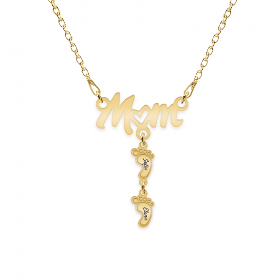Diona - Colier personalizat Mom si picioruse cu nume din argint 925 placat cu aur galben 24K