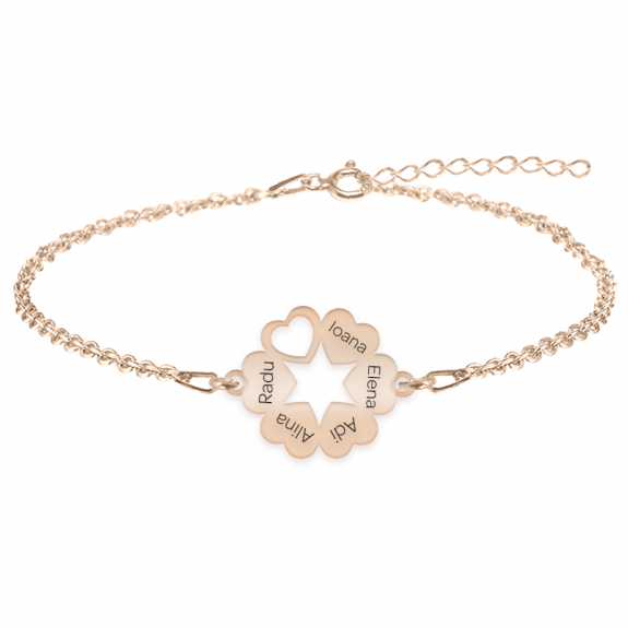 Evelyn - Bratara personalizata cinci inimioare cu nume din argint 925 placat cu aur roz Evelyn - Bratara personalizata cinci inimioare cu nume din argint 925 placat cu aur roz