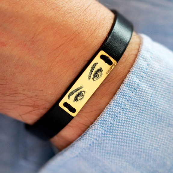 Eyes - Bratara personalizata cu fotografia ochilor cu piele si tablita din argint 925 placat cu aur galben 24K