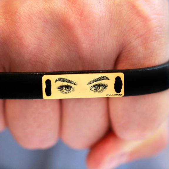 Eyes - Bratara personalizata cu fotografia ochilor cu piele si tablita din argint 925 placat cu aur galben 24K