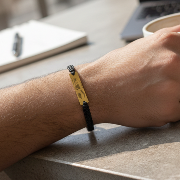 Eyes - Bratara personalizata cu fotografia ochilor si farul masinii cu snur impletit si tablita din argint 925 placat cu aur galben 24 karate Eyes - Bratara personalizata cu fotografia ochilor si farul masinii cu snur impletit si tablita din argint 925 placat cu aur galben 24 karate