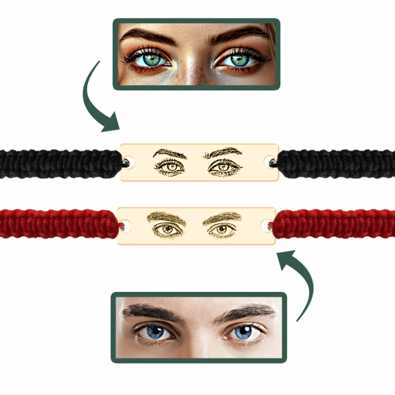 Eyes - Set bratari personalizate cu fotografia ochilor si tablita cu snur impletit din argint 925 placat cu aur galben 24K