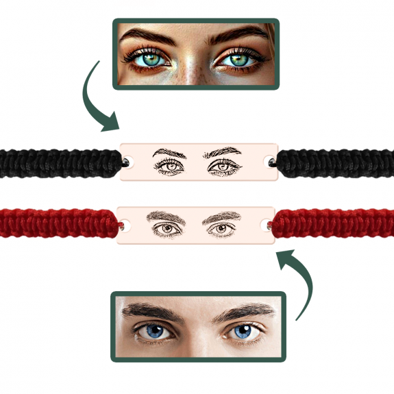 Eyes - Set bratari personalizate cu fotografia ochilor si tablita cu snur impletit din argint 925 placat cu aur roz