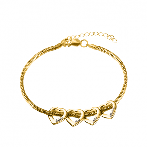 Family Love - Bratara personalizata cu inimioare gravate din argint 925 placat cu aur galben 24K