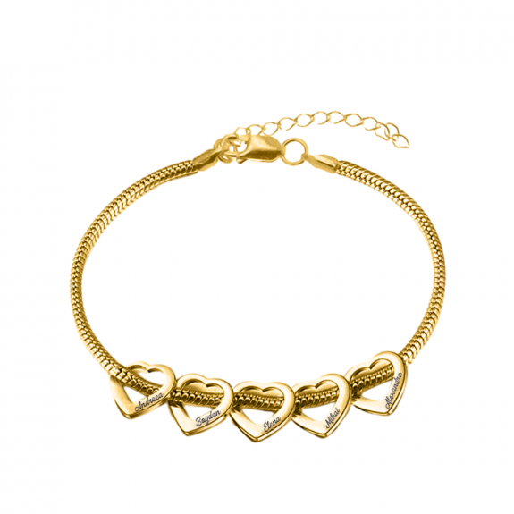 Family Love - Bratara personalizata cu inimioare gravate din argint 925 placat cu aur galben 24K