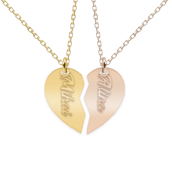 Glory - Set coliere din argint 925 personalizate pentru cuplu - jumatati de inima cu nume decupat