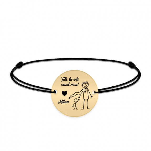Hero - Bratara personalizata cu banut si snur pentru tata din argint 925 placat cu aur galben 24 karate - "Tati, tu esti eroul meu!"