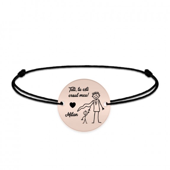 Hero - Bratara personalizata cu banut si snur pentru tata din argint 925 placat cu aur roz - "Tati, tu esti eroul meu!"
