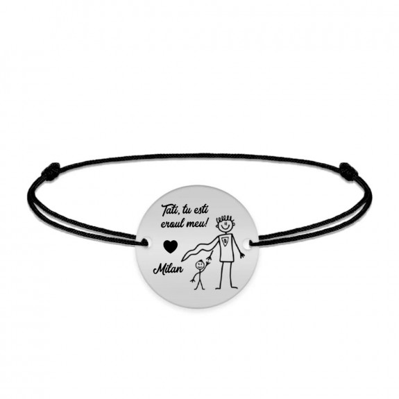 Hero - Bratara personalizata cu banut si snur pentru tata din argint 925 - "Tati, tu esti eroul meu!"